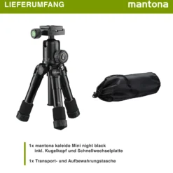 Mantona Kaleido Mini Tischstativ in night black Reisestativ inkl. Kugelkopf mit Schnellwechselplatte und Transporttasche