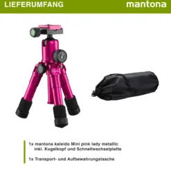 Mantona Kaleido Mini Tischstativ in lady pink metallic Reisestativ inkl. Kugelkopf mit Schnellwechselplatte und Transporttasche