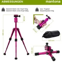 Mantona Kaleido Mini Tischstativ in lady pink metallic Reisestativ inkl. Kugelkopf mit Schnellwechselplatte und Transporttasche