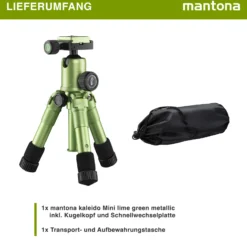 Mantona Kaleido Mini Tischstativ in lime green metallic Reisestativ inkl. Kugelkopf mit Schnellwechselplatte und Transporttasche