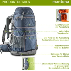 Mantona Kamera- & Drohnenrucksack elementsPro – universeller Outdoor-Rucksack für DSLR, Drohnen & Zubehör, flexibler Innenraum, mit 15,6 Zoll-Laptopfach, Stativhalterung, inkl. Regenschutz