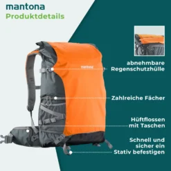 Mantona Kamerarucksack elementsPro 50 - Orange - 260 x 350 x 600 mm - professioneller Outdoor Fotorucksack - anpassbare Innenfächer, Regenhülle, viel Stauraum für 2 Kameras & Zubehör, bis 15 Zoll