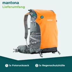 Mantona Kamerarucksack elementsPro 50 - Orange - 260 x 350 x 600 mm - professioneller Outdoor Fotorucksack - anpassbare Innenfächer, Regenhülle, viel Stauraum für 2 Kameras & Zubehör, bis 15 Zoll