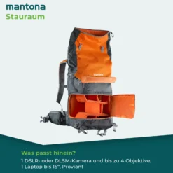Mantona Kamerarucksack elementsPro 50 - Orange - 260 x 350 x 600 mm - professioneller Outdoor Fotorucksack - anpassbare Innenfächer, Regenhülle, viel Stauraum für 2 Kameras & Zubehör, bis 15 Zoll
