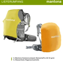 Mantona Kamerarucksack elementsPro 30 V2 – Grün – 300 x 180 x 480 mm – Outdoor – mit ergonomischem Tragesystem, atmungsaktiver Polsterung, Stativhalterung & Regenschutz, ideal für DSLR & Systemkameras