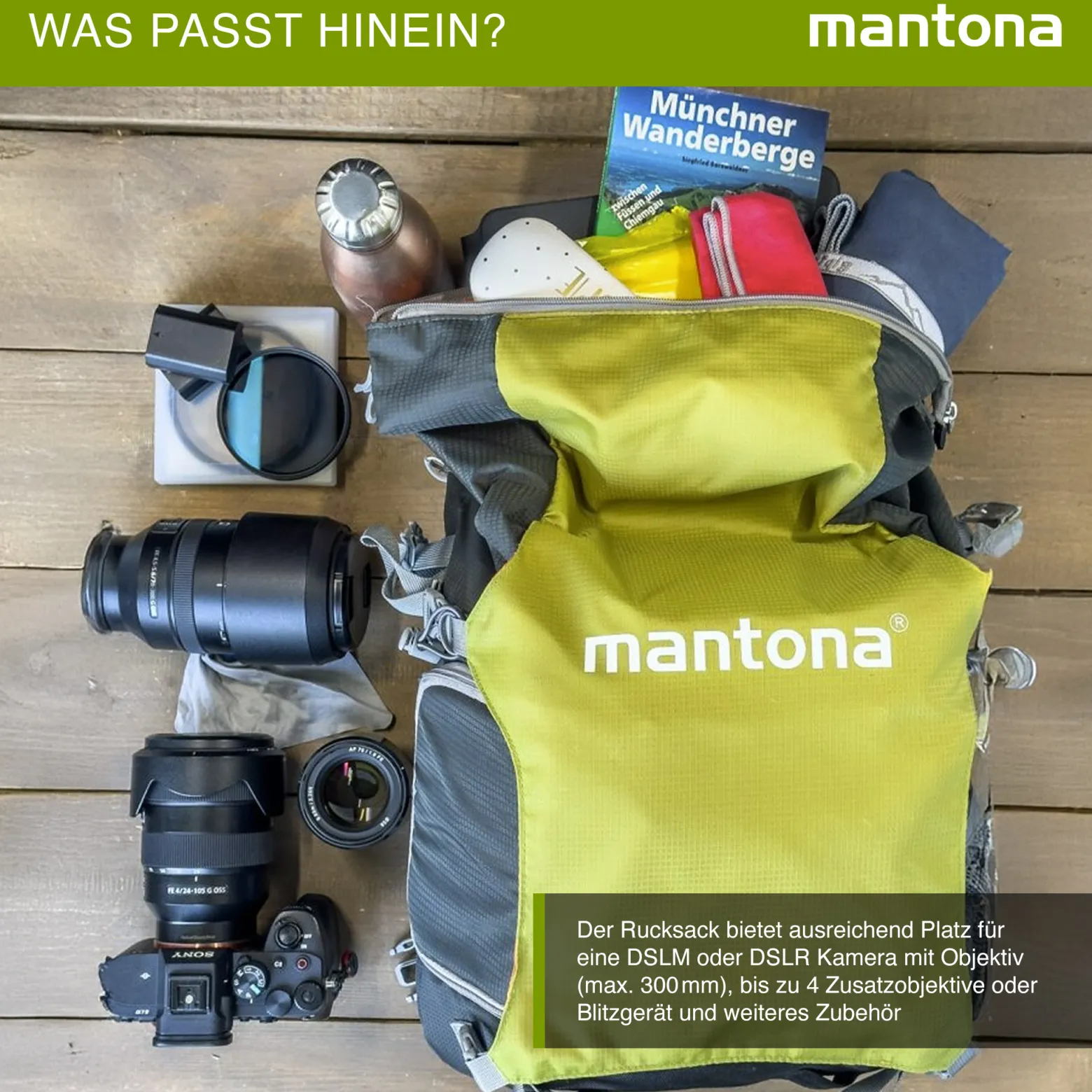 Mantona Kamerarucksack elementsPro 30 V2 – Grün – 300 x 180 x 480 mm – Outdoor – mit ergonomischem Tragesystem, atmungsaktiver Polsterung, Stativhalterung & Regenschutz, ideal für DSLR & Systemkameras