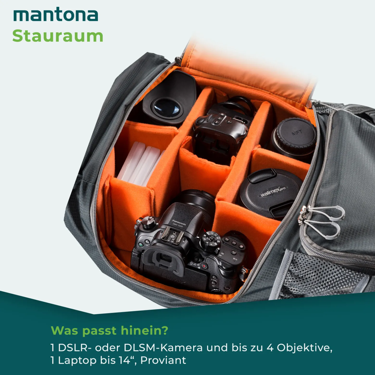 Mantona Kamerarucksack elementsPro 40 – Orange – 210 x 300 x 600 mm – Professioneller Outdoor Rucksack mit anpassbaren Innenfächer, viel Stauraum für Kamera und Zubehör, inkl. abnehmbarer Regenhülle