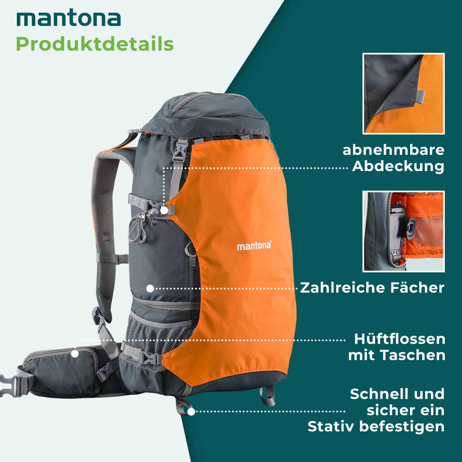 Mantona Kamerarucksack elementsPro 40 – Orange – 210 x 300 x 600 mm – Professioneller Outdoor Rucksack mit anpassbaren Innenfächer, viel Stauraum für Kamera und Zubehör, inkl. abnehmbarer Regenhülle
