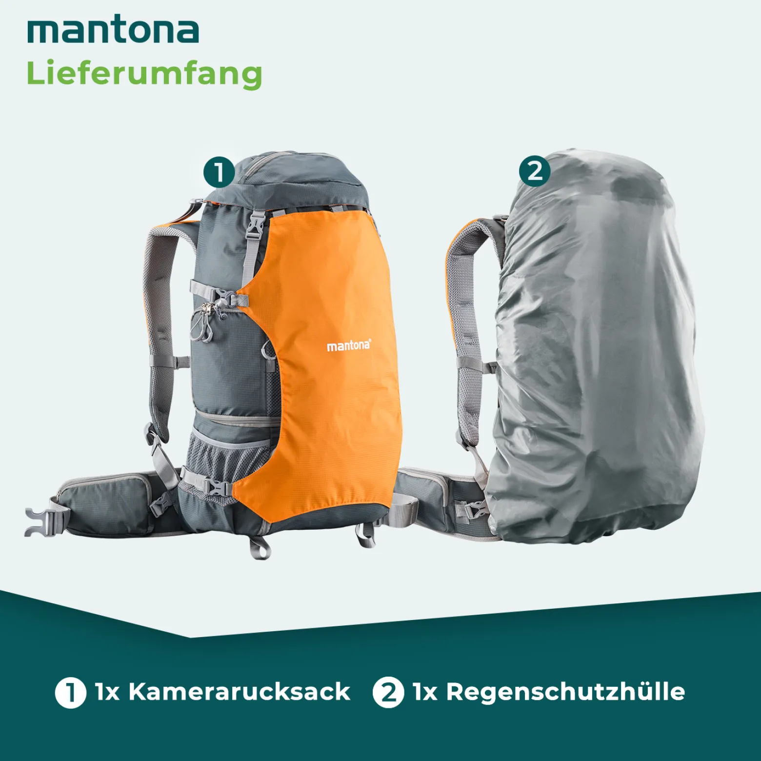 Mantona Kamerarucksack elementsPro 40 – Orange – 210 x 300 x 600 mm – Professioneller Outdoor Rucksack mit anpassbaren Innenfächer, viel Stauraum für Kamera und Zubehör, inkl. abnehmbarer Regenhülle
