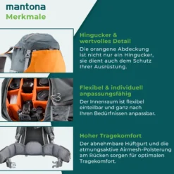 Mantona Kamerarucksack elementsPro 40 – Orange – 210 x 300 x 600 mm – Professioneller Outdoor Rucksack mit anpassbaren Innenfächer, viel Stauraum für Kamera und Zubehör, inkl. abnehmbarer Regenhülle