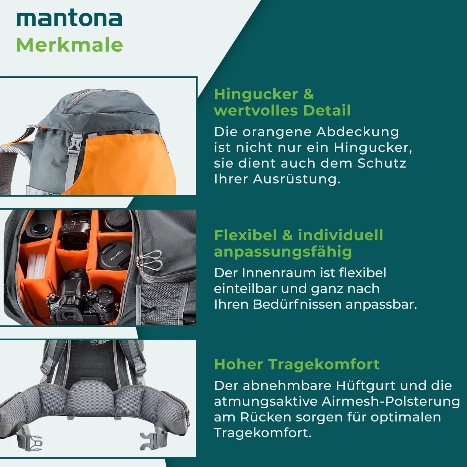 Mantona Kamerarucksack elementsPro 40 – Orange – 210 x 300 x 600 mm – Professioneller Outdoor Rucksack mit anpassbaren Innenfächer, viel Stauraum für Kamera und Zubehör, inkl. abnehmbarer Regenhülle