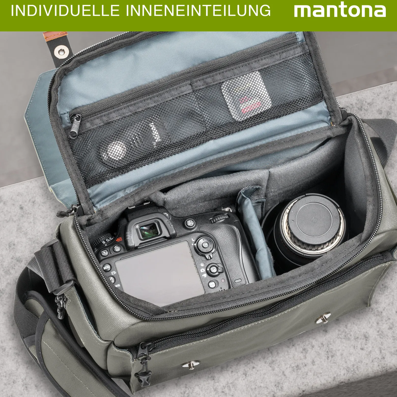 Mantona Kameratasche Milano grande (modische Universaltasche für Digital-Spiegelreflex-Kameras und Systemkameras plus Zubehör, Vintage, graues Interieur) grau 21648