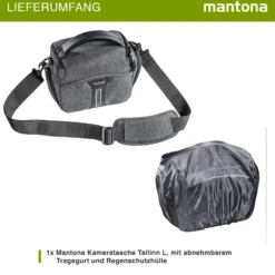 Mantona Kameratasche Tallinn Gr. L anthrazit, Fototasche inkl. gepolstertem Schultergurt, Camera Bag mit Trennstegen und Regenschutzhülle, tragbar als Schultertasche, Handtasche und Gürteltasche
