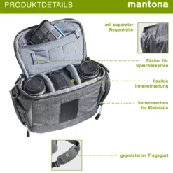 Mantona Kameratasche Tallinn Gr. L anthrazit, Fototasche inkl. gepolstertem Schultergurt, Camera Bag mit Trennstegen und Regenschutzhülle, tragbar als Schultertasche, Handtasche und Gürteltasche