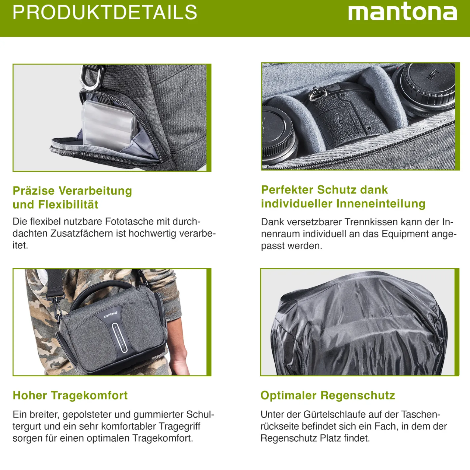 Mantona Kameratasche Tallinn Gr. L anthrazit, Fototasche inkl. gepolstertem Schultergurt, Camera Bag mit Trennstegen und Regenschutzhülle, tragbar als Schultertasche, Handtasche und Gürteltasche