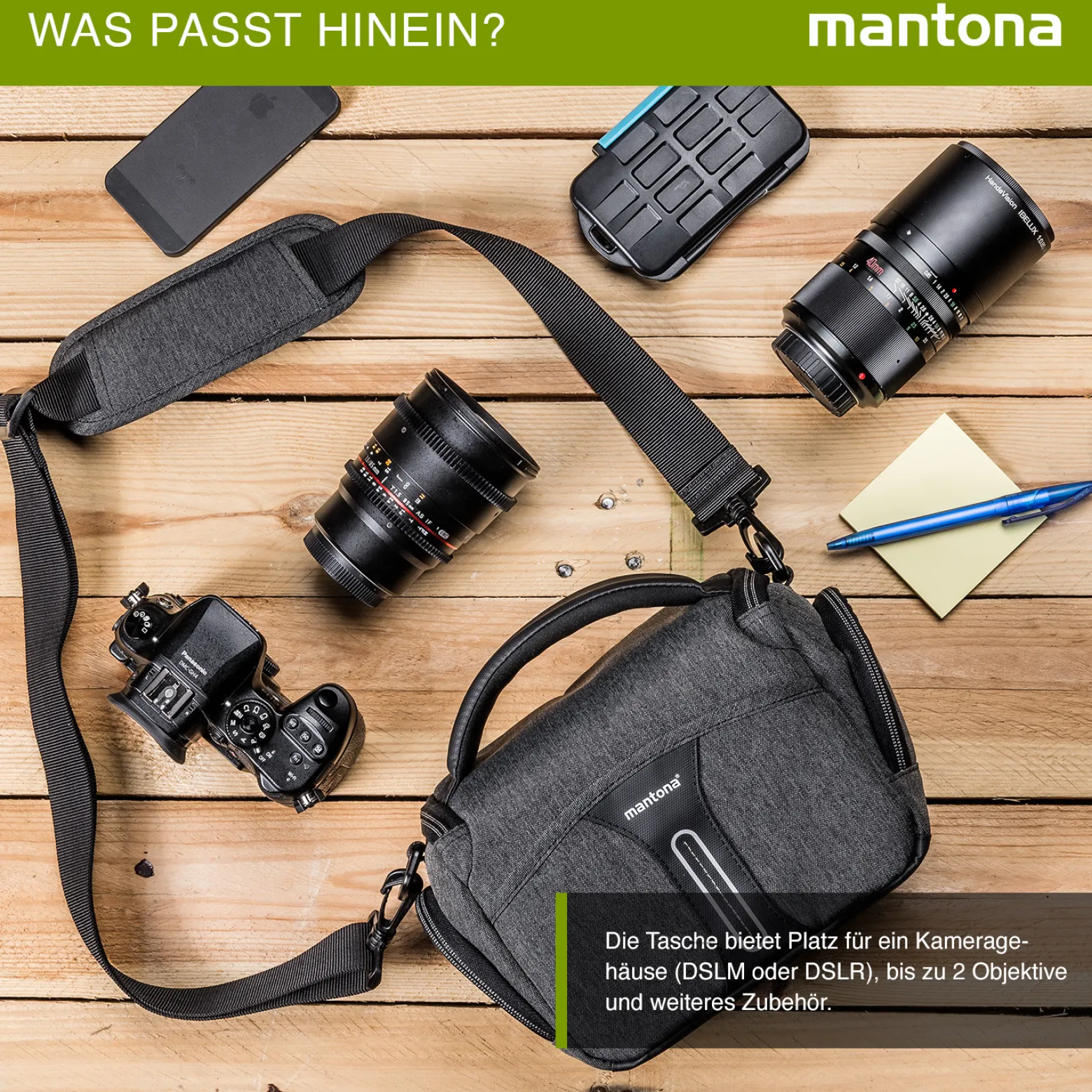 Mantona Kameratasche Tallinn Gr. L anthrazit, Fototasche inkl. gepolstertem Schultergurt, Camera Bag mit Trennstegen und Regenschutzhülle, tragbar als Schultertasche, Handtasche und Gürteltasche