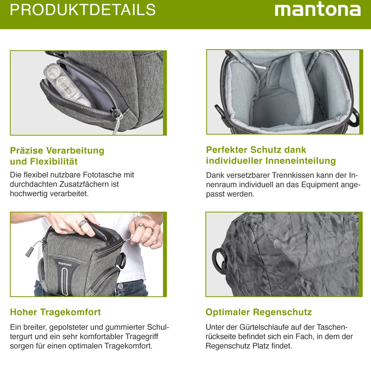 Mantona Kameratasche Tallinn Gr. S anthrazit, Fototasche inkl. gepolstertem Schultergurt, Camera Bag mit Trennstegen und Regenschutzhülle, tragbar als Schultertasche, Handtasche und Gürteltasche