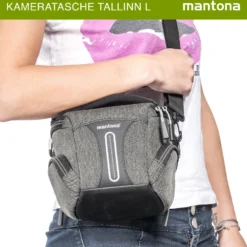 Mantona Kameratasche Tallinn Gr. S anthrazit, Fototasche inkl. gepolstertem Schultergurt, Camera Bag mit Trennstegen und Regenschutzhülle, tragbar als Schultertasche, Handtasche und Gürteltasche