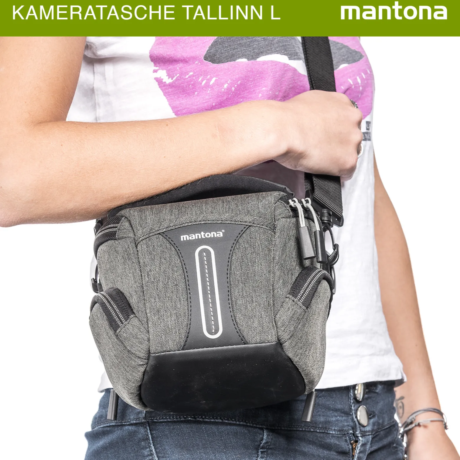 Mantona Kameratasche Tallinn Gr. S anthrazit, Fototasche inkl. gepolstertem Schultergurt, Camera Bag mit Trennstegen und Regenschutzhülle, tragbar als Schultertasche, Handtasche und Gürteltasche