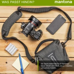 Mantona Kameratasche Tallinn Gr. S anthrazit, Fototasche inkl. gepolstertem Schultergurt, Camera Bag mit Trennstegen und Regenschutzhülle, tragbar als Schultertasche, Handtasche und Gürteltasche