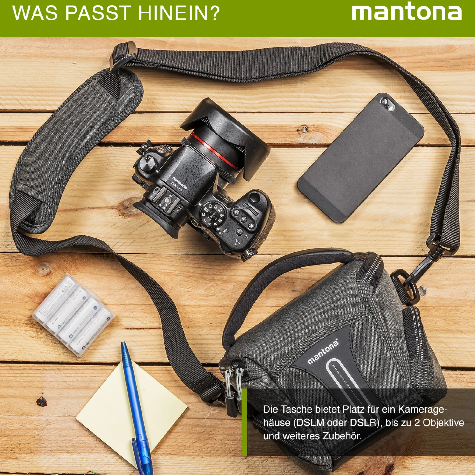 Mantona Kameratasche Tallinn Gr. S anthrazit, Fototasche inkl. gepolstertem Schultergurt, Camera Bag mit Trennstegen und Regenschutzhülle, tragbar als Schultertasche, Handtasche und Gürteltasche