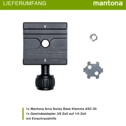 Mantona Klemme für Schnellwechselplatte 78 x 50 x 16 mm, Schnellwechselplattenklemme schwarz, Kamera Zubehör 3/8'' und 1/4'' inkl. Gewindeadapter