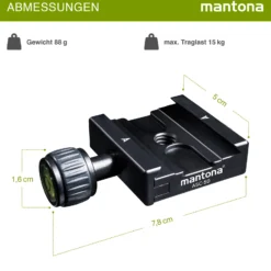 Mantona Klemme für Schnellwechselplatte 78 x 50 x 16 mm, Schnellwechselplattenklemme schwarz, Kamera Zubehör 3/8'' und 1/4'' inkl. Gewindeadapter