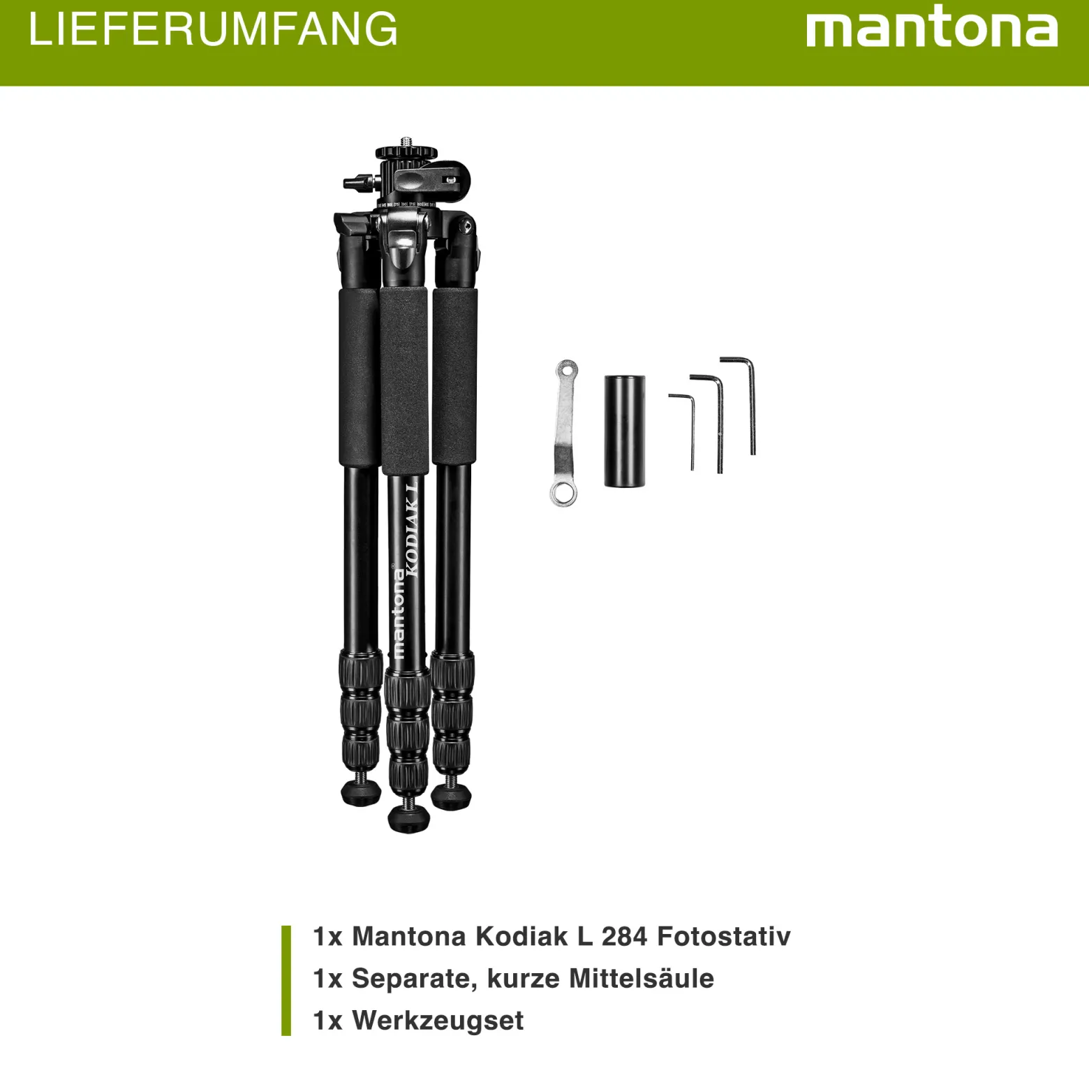 Mantona Kodiak L Fotostativ - 510 x 105 x 105 mm - 15 kg Traglast / 8-166 cm Höhe - Aluminium - stabiles Profi Fotostativ ohne Kugelkopf, mit schwenkbarer drehbarer Mittelsäule - Fotografie Atelier