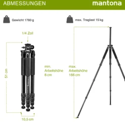 Mantona Kodiak L Fotostativ - 510 x 105 x 105 mm - 15 kg Traglast / 8-166 cm Höhe - Aluminium - stabiles Profi Fotostativ ohne Kugelkopf, mit schwenkbarer drehbarer Mittelsäule - Fotografie Atelier