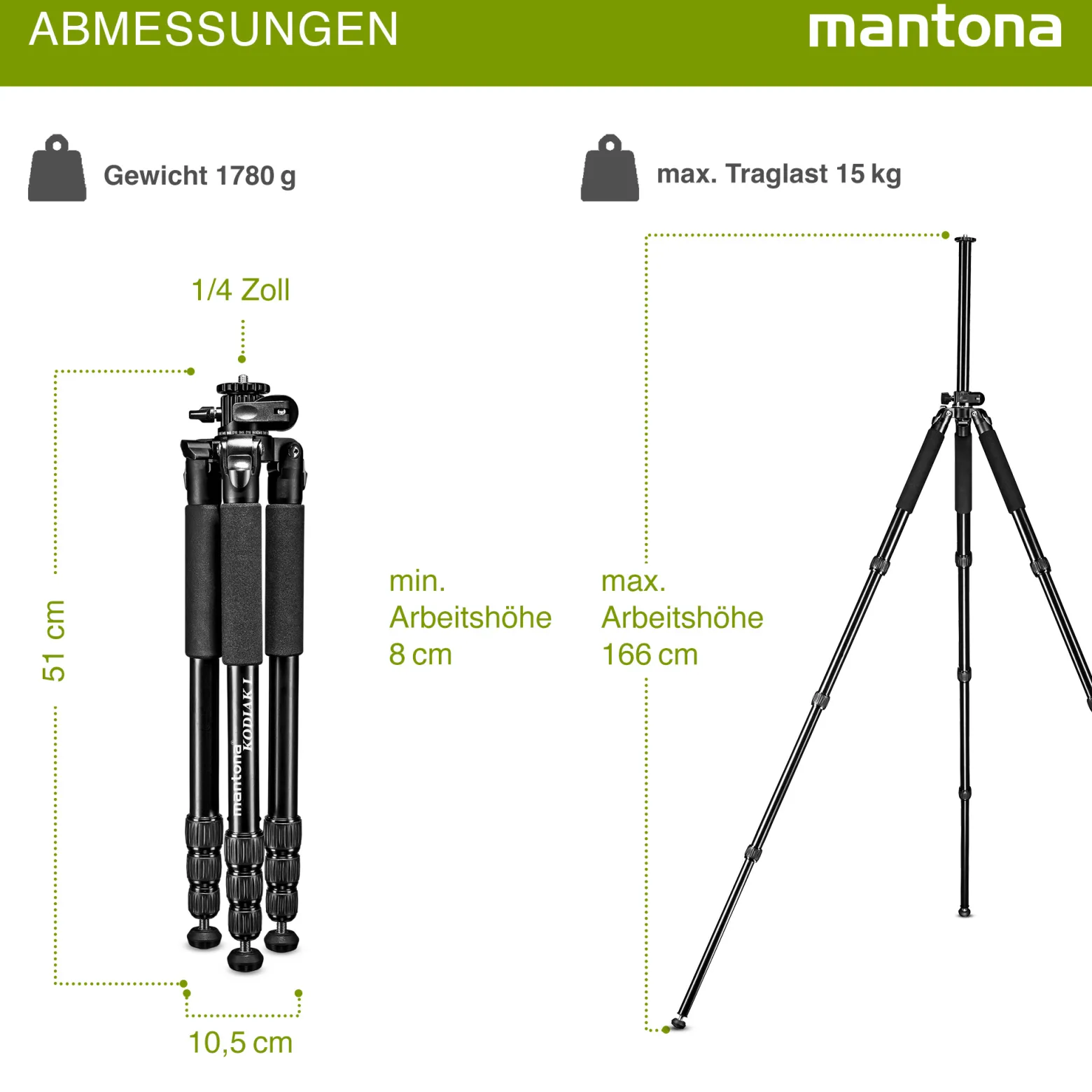 Mantona Kodiak L Fotostativ - 510 x 105 x 105 mm - 15 kg Traglast / 8-166 cm Höhe - Aluminium - stabiles Profi Fotostativ ohne Kugelkopf, mit schwenkbarer drehbarer Mittelsäule - Fotografie Atelier
