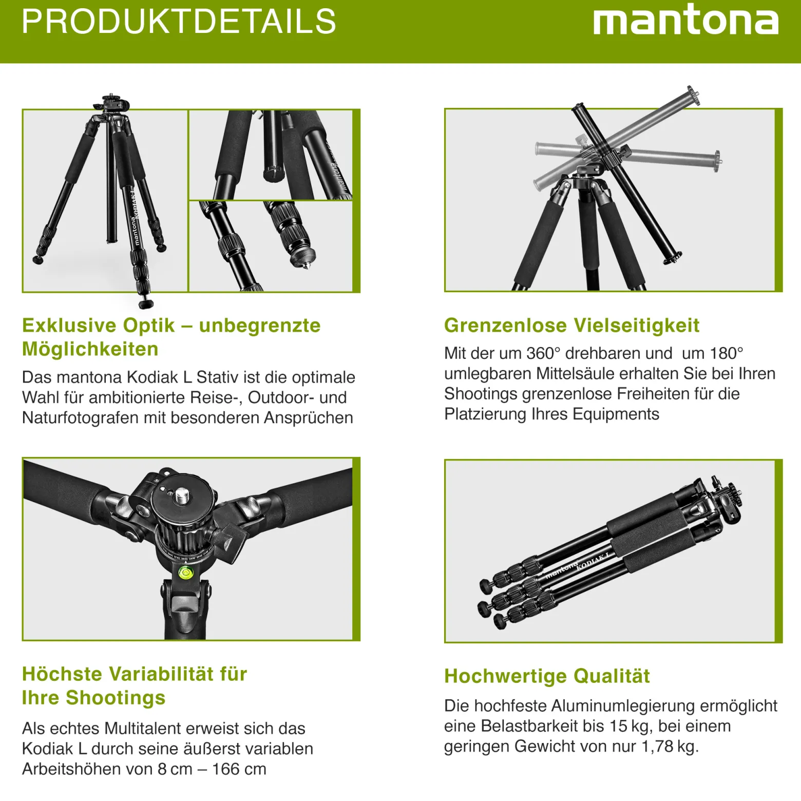 Mantona Kodiak L Fotostativ - 510 x 105 x 105 mm - 15 kg Traglast / 8-166 cm Höhe - Aluminium - stabiles Profi Fotostativ ohne Kugelkopf, mit schwenkbarer drehbarer Mittelsäule - Fotografie Atelier