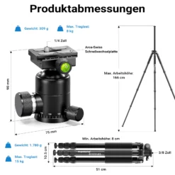 Mantona Kodiak L 284 + Onyx 8 Kugelkopf Set Fotostativ mit Stativkopf aus Aluminium mit Arca Swiss kompatibler Schnellwechselplatte
