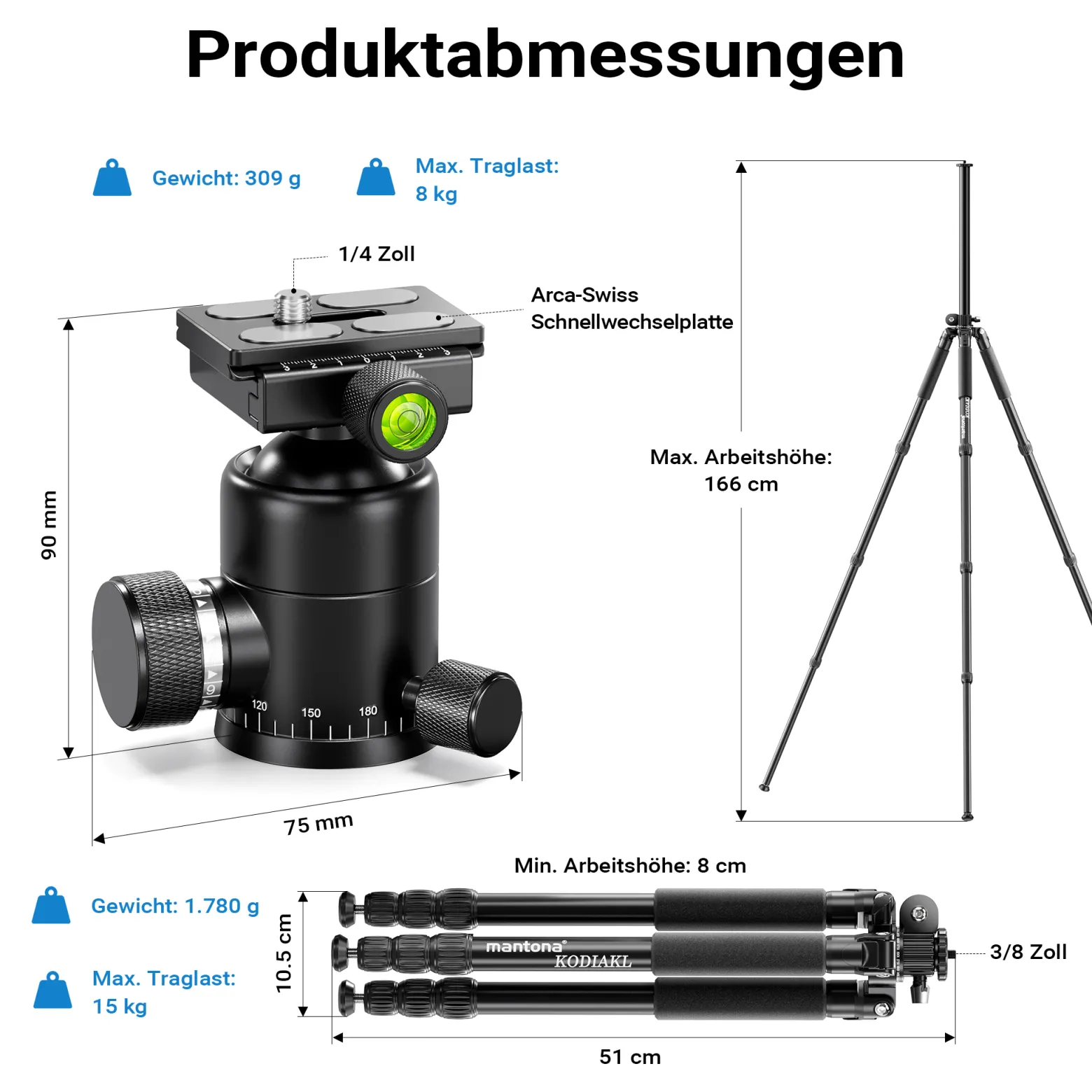 Mantona Kodiak L 284 + Onyx 8 Kugelkopf Set Fotostativ mit Stativkopf aus Aluminium mit Arca Swiss kompatibler Schnellwechselplatte