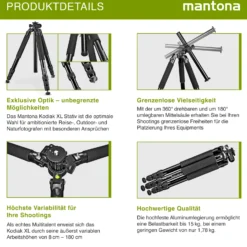 Mantona Kodiak XL Aluminium Fotostativ, Dreibeinstativ belastbar bis 18 kg, höhenverstellbares Kamerastativ bis 180 cm, Tripod mit 180° Mittelsäule, stabiles Stativ mit vielseitigem Zubehör