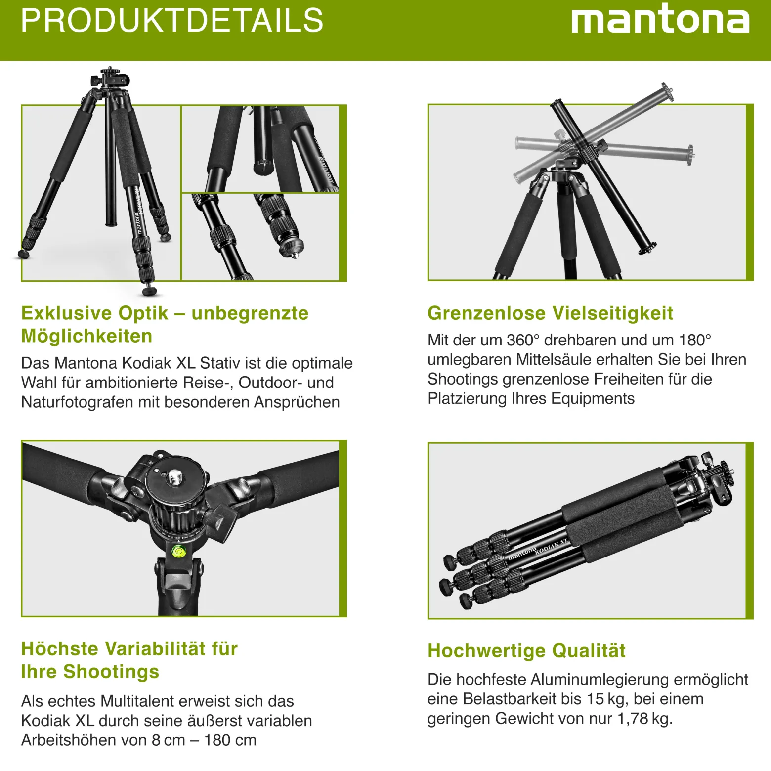 Mantona Kodiak XL Aluminium Fotostativ, Dreibeinstativ belastbar bis 18 kg, höhenverstellbares Kamerastativ bis 180 cm, Tripod mit 180° Mittelsäule, stabiles Stativ mit vielseitigem Zubehör