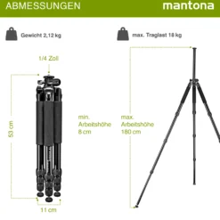 Mantona Kodiak XL Aluminium Fotostativ, Dreibeinstativ belastbar bis 18 kg, höhenverstellbares Kamerastativ bis 180 cm, Tripod mit 180° Mittelsäule, stabiles Stativ mit vielseitigem Zubehör