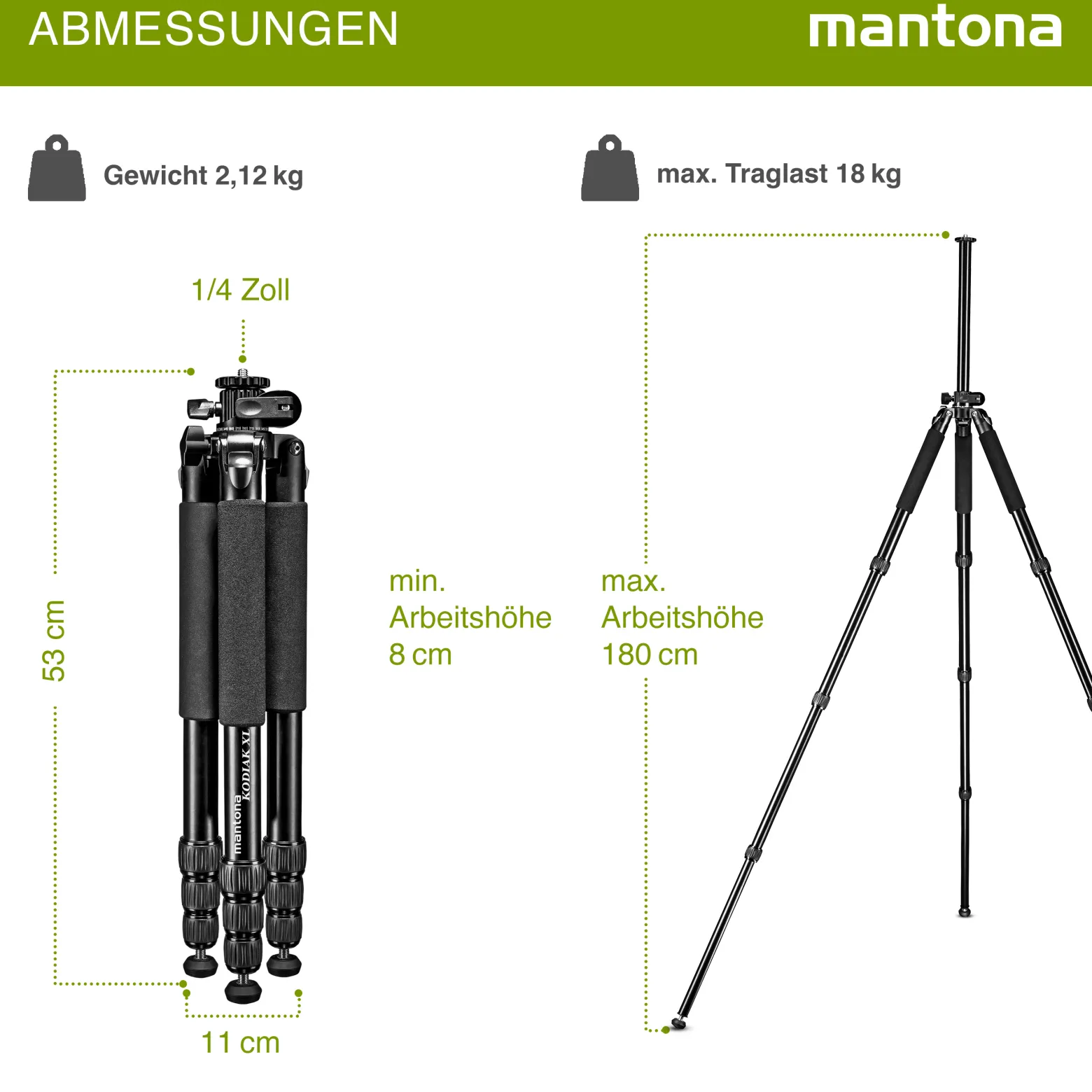 Mantona Kodiak XL Aluminium Fotostativ, Dreibeinstativ belastbar bis 18 kg, höhenverstellbares Kamerastativ bis 180 cm, Tripod mit 180° Mittelsäule, stabiles Stativ mit vielseitigem Zubehör