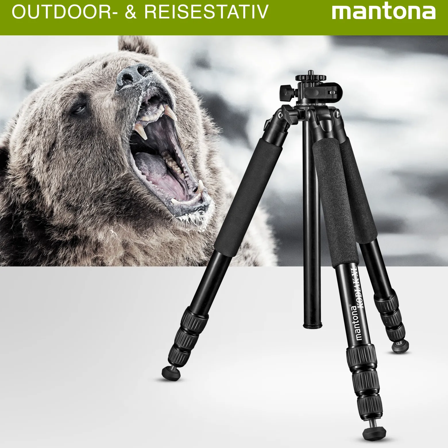 Mantona Kodiak XL Aluminium Fotostativ, Dreibeinstativ belastbar bis 18 kg, höhenverstellbares Kamerastativ bis 180 cm, Tripod mit 180° Mittelsäule, stabiles Stativ mit vielseitigem Zubehör
