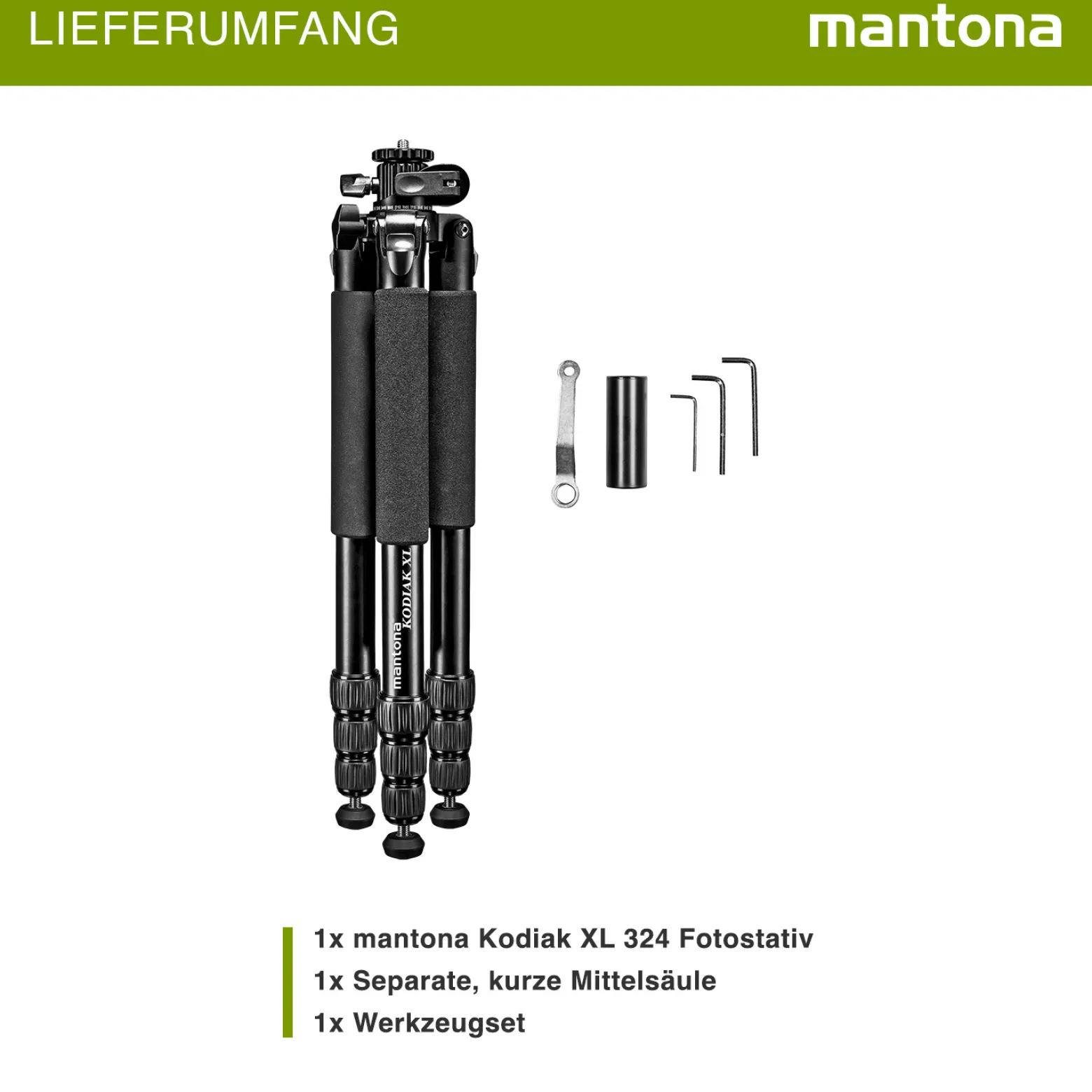 Mantona Kodiak XL Aluminium Fotostativ, Dreibeinstativ belastbar bis 18 kg, höhenverstellbares Kamerastativ bis 180 cm, Tripod mit 180° Mittelsäule, stabiles Stativ mit vielseitigem Zubehör