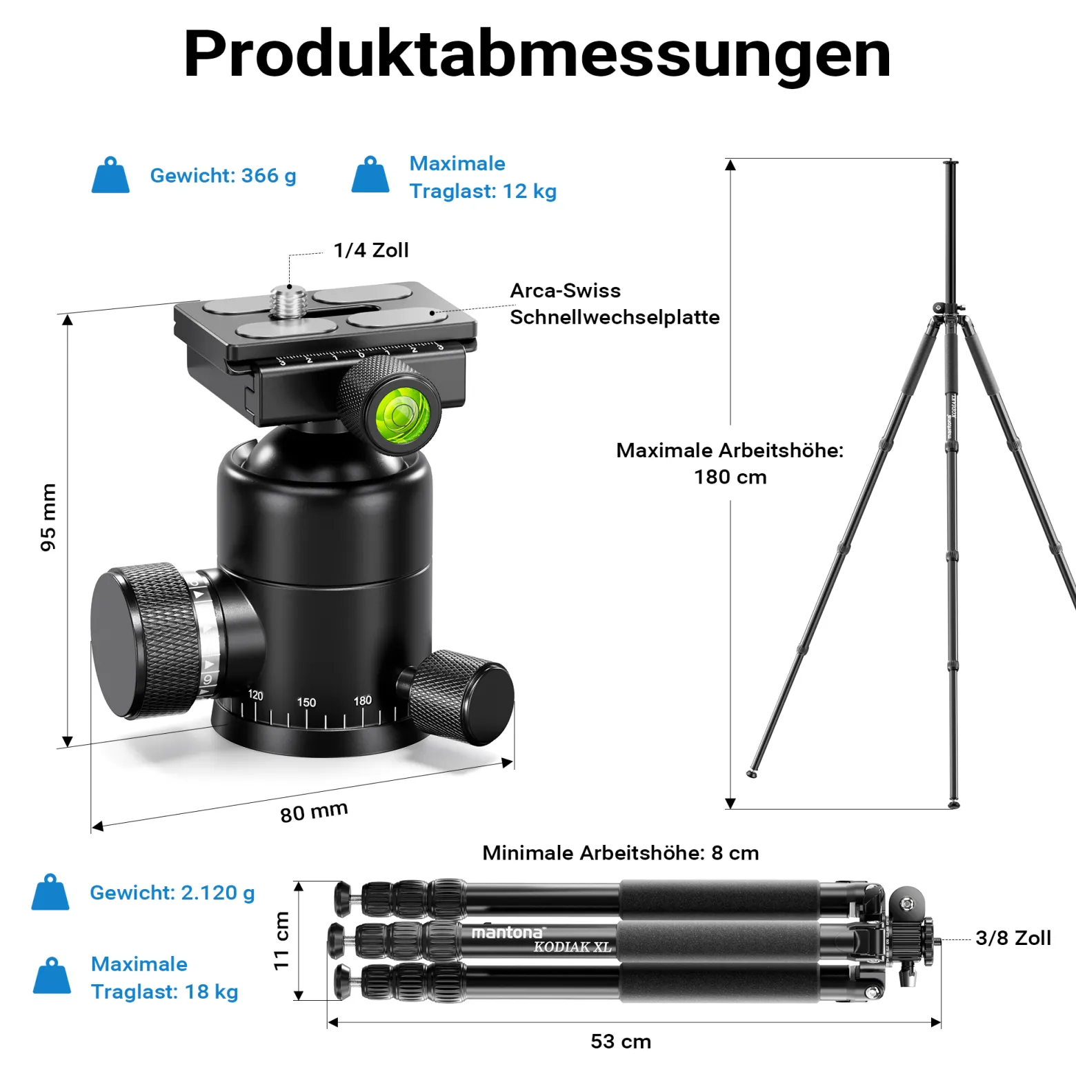 Mantona Kodiak XL 324 + Onyx 12 Kugelkopf Set Fotostativ mit Stativkopf aus Aluminium mit Arca Swiss kompatibler Schnellwechselplatte