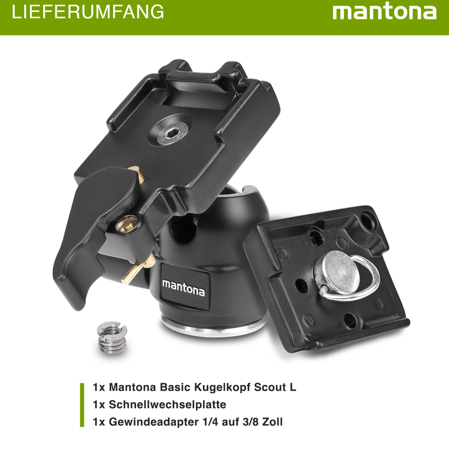 Mantona Kugelkopf für Stativ Basic Scout L - 80 x 65 x 90 mm - mit Schnellwechselplatte - Anschluss 3/8" / 1/4" - für Fotostativ Reisestativ Travelstativ passend für Kameras