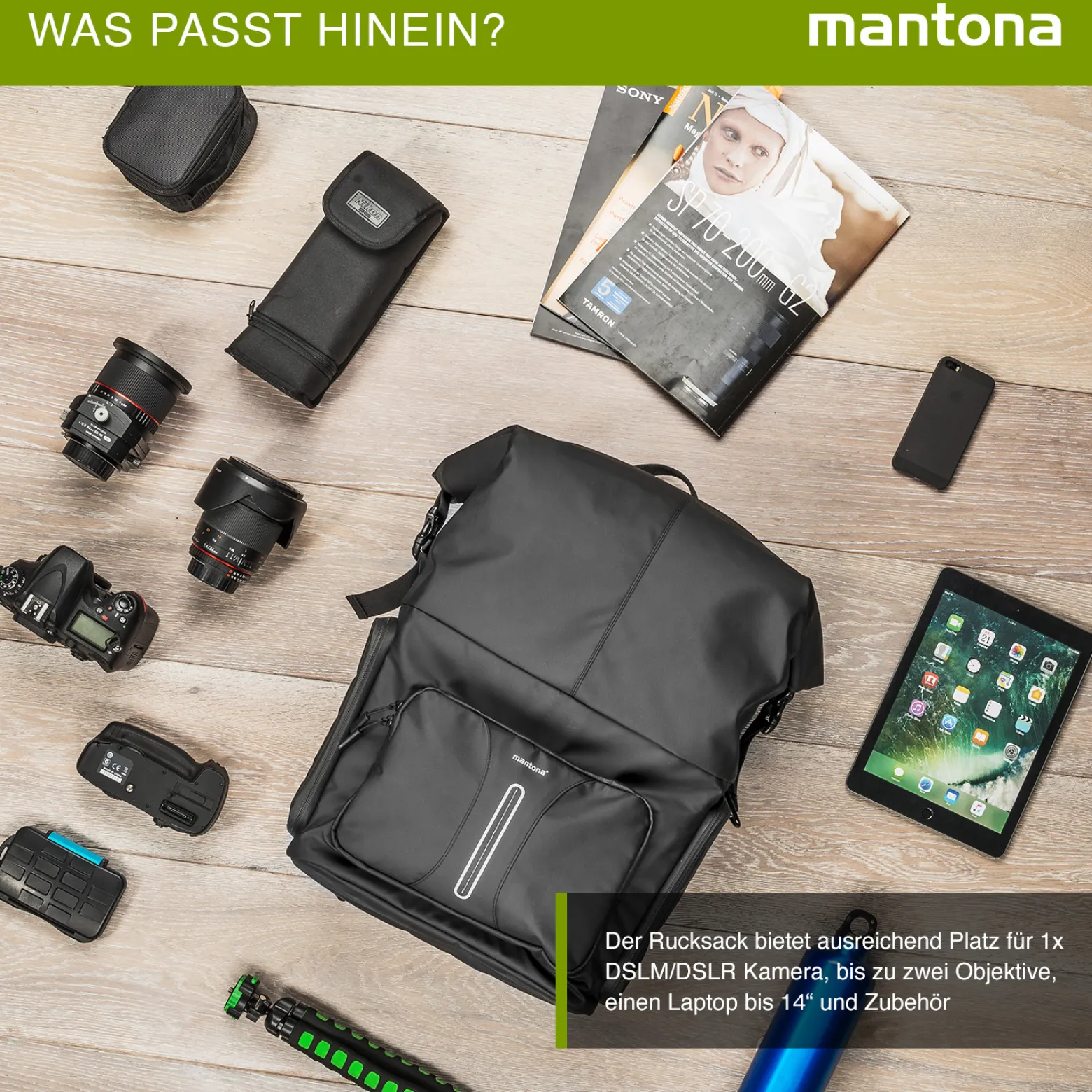 Mantona Kurier Fotorucksack schwarz 210 x 340 x 450 mm professioneller Outdoor Rucksack mit Schnellzugriff und Einrollverschluss für SLR DSLR Kameras & Zubehör bis 15 Zoll