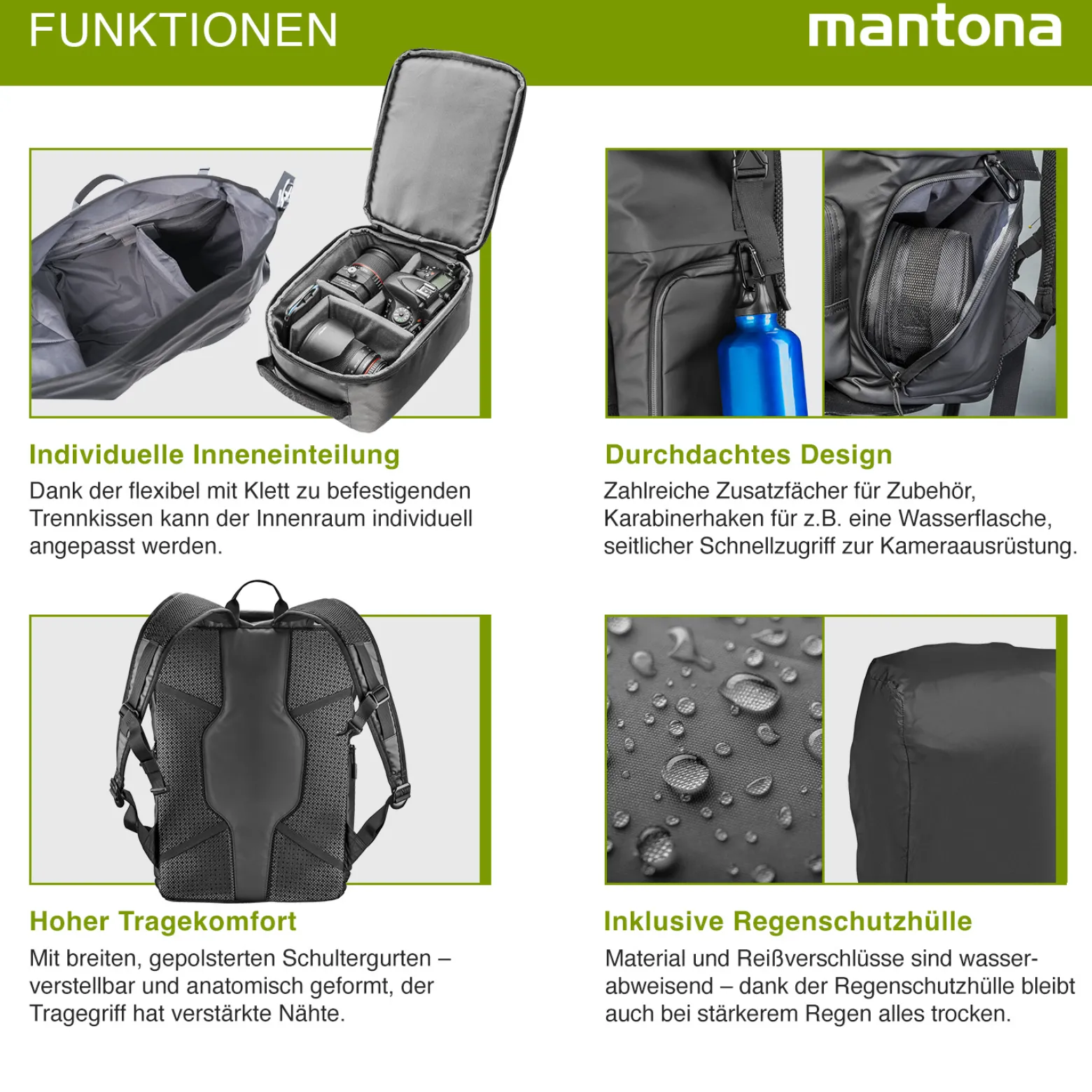 Mantona Kurier Fotorucksack schwarz 210 x 340 x 450 mm professioneller Outdoor Rucksack mit Schnellzugriff und Einrollverschluss für SLR DSLR Kameras & Zubehör bis 15 Zoll