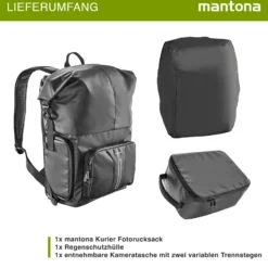 Mantona Kurier Fotorucksack schwarz 210 x 340 x 450 mm professioneller Outdoor Rucksack mit Schnellzugriff und Einrollverschluss für SLR DSLR Kameras & Zubehör bis 15 Zoll