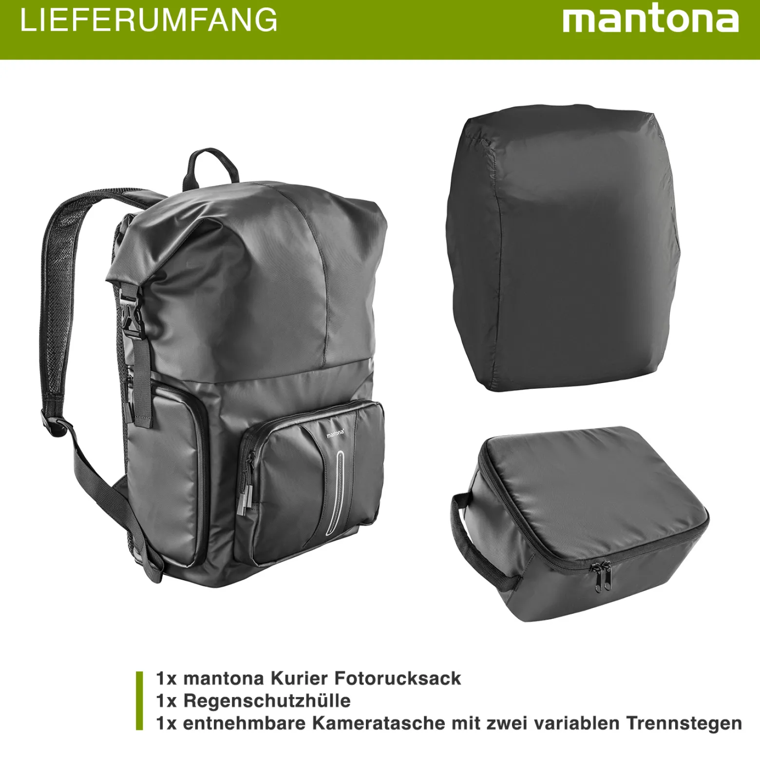 Mantona Kurier Fotorucksack schwarz 210 x 340 x 450 mm professioneller Outdoor Rucksack mit Schnellzugriff und Einrollverschluss für SLR DSLR Kameras & Zubehör bis 15 Zoll
