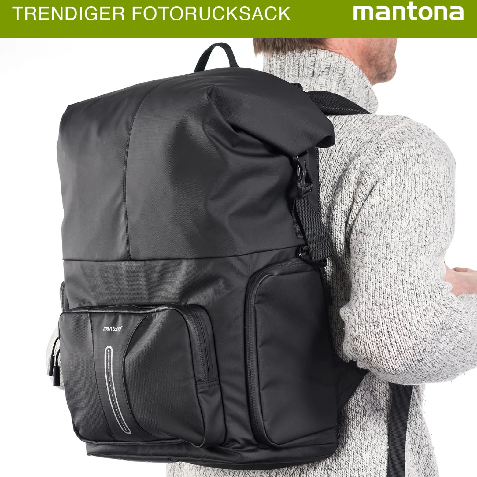 Mantona Kurier Fotorucksack schwarz 210 x 340 x 450 mm professioneller Outdoor Rucksack mit Schnellzugriff und Einrollverschluss für SLR DSLR Kameras & Zubehör bis 15 Zoll