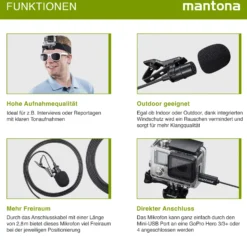 Mantona Lavalier Kondensator Mikrofon - 35 Hz-20 kHz - mit 2,8 m Kabel, Clip, Mini USB Stecker und Windschutz - kompatibel mit GoPro 3 3+ 4 - für Interviews und Reportagen