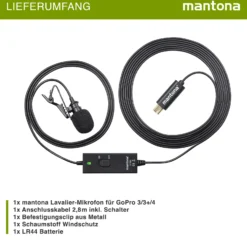 Mantona Lavalier Kondensator Mikrofon - 35 Hz-20 kHz - mit 2,8 m Kabel, Clip, Mini USB Stecker und Windschutz - kompatibel mit GoPro 3 3+ 4 - für Interviews und Reportagen