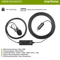 Mantona Lavalier Kondensator Mikrofon - 35 Hz-20 kHz - mit 2,8 m Kabel, Clip, Mini USB Stecker und Windschutz - kompatibel mit GoPro 3 3+ 4 - für Interviews und Reportagen