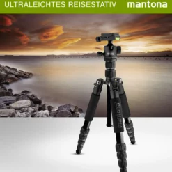 Mantona Light Traveller Reisestativ 131,5 cm schwarz, Kamerastativ aus Aluminium bis 5 kg Traglast, leichtes Fotostativ mit Kugelkopf und Arca-Swiss-Schnellwechselplatte, Tripod und Monopod